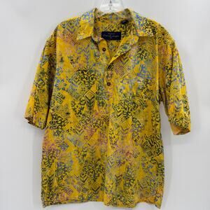 PETE HUNTINGTON Men's Popover Half Button Shirt Size L Hawaiian Hand Dyed Aloha